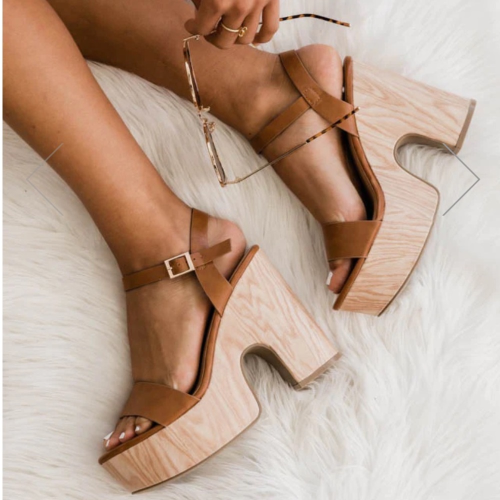 Cognac Leather Strapped Wooden Platform Heels